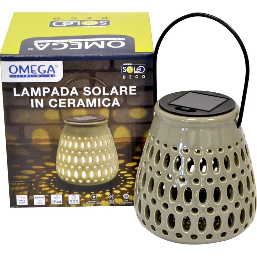 Lampada solare ceramica piccola c/appendino verde oliva