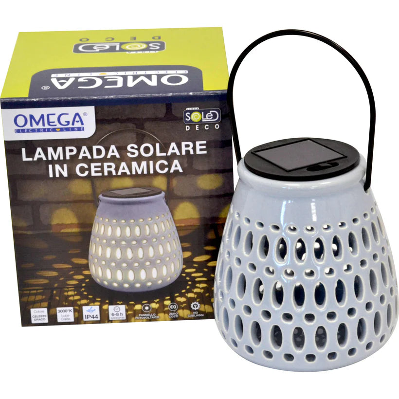 Lampada solare ceramica piccola c/appendino celeste