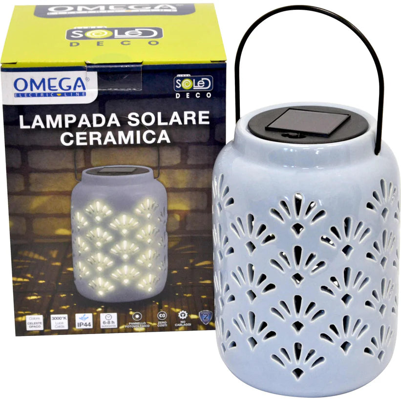 Lampada solare ceramica grande c/appendino celeste