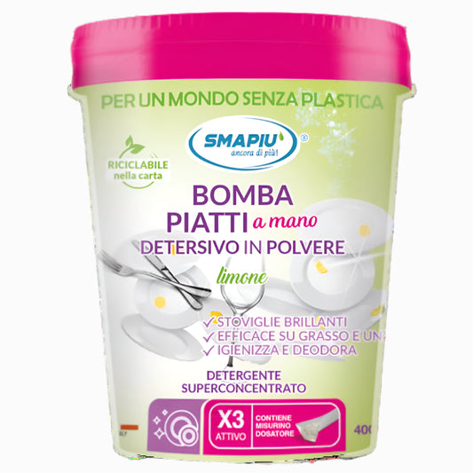 Bomba piatti a mano - Detersivo in polvere Detergente superconcentrato Smapiù - Barattolo 400g